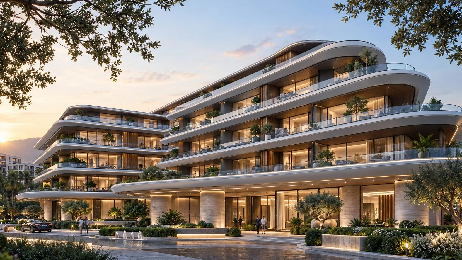 Gün batımında tamamlanmış modern yapı
